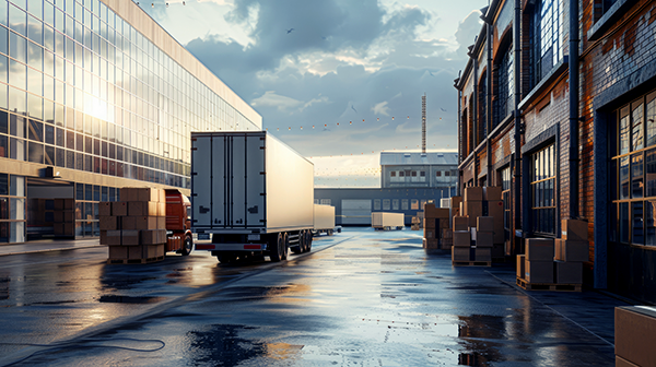 LKW in einer Logistiklagerhalle mit gestapelten Kartons – Warenumschlag und Versandzentrum.